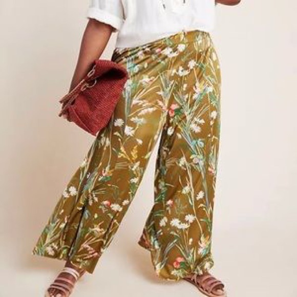 Anthropologie MAEVE Shiloh Knit Wide Leg Green Floral Pants Size Small - Picture 5 of 8
